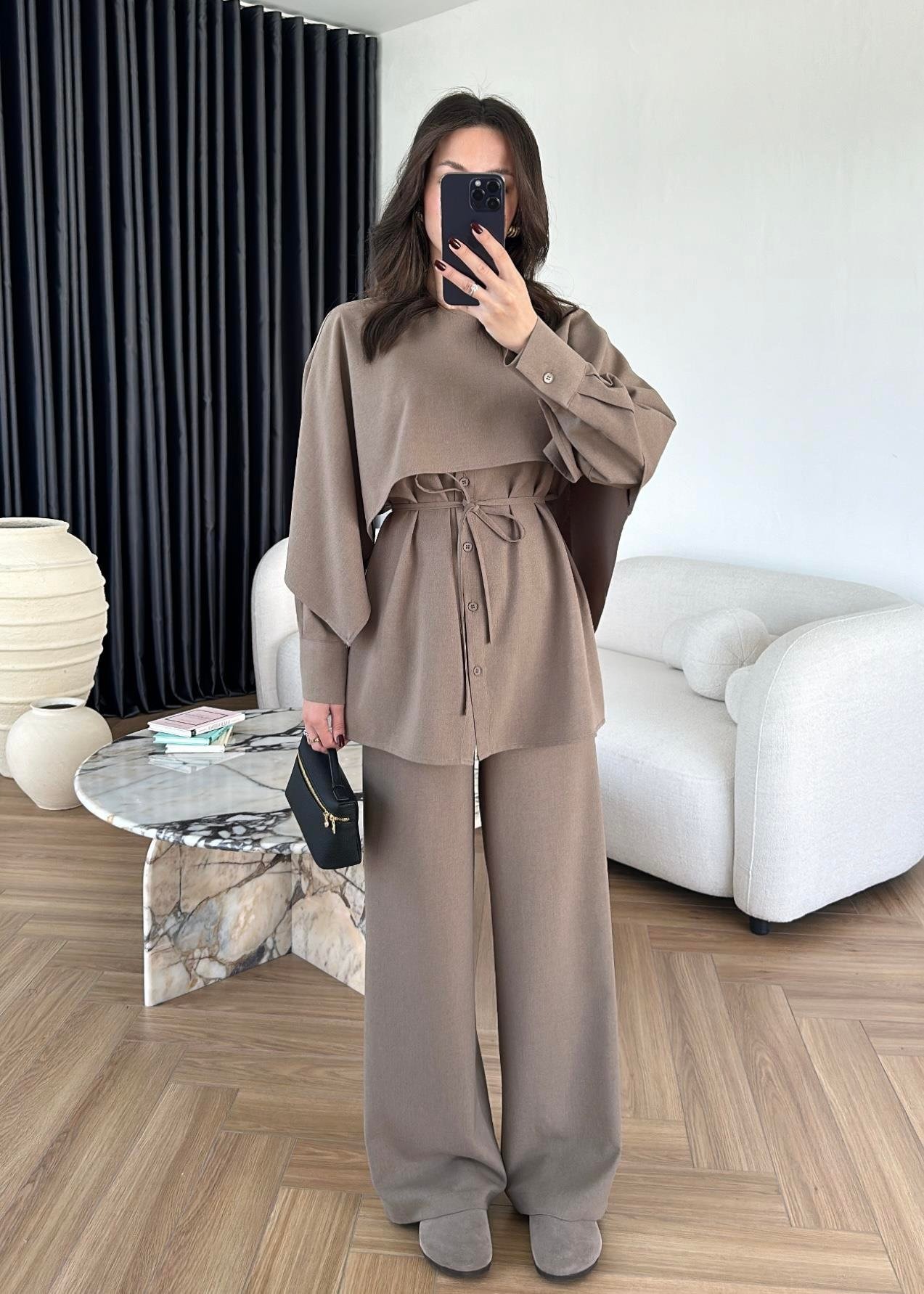 Pelerinli Palazzo Pantolonlu Takım VİZON