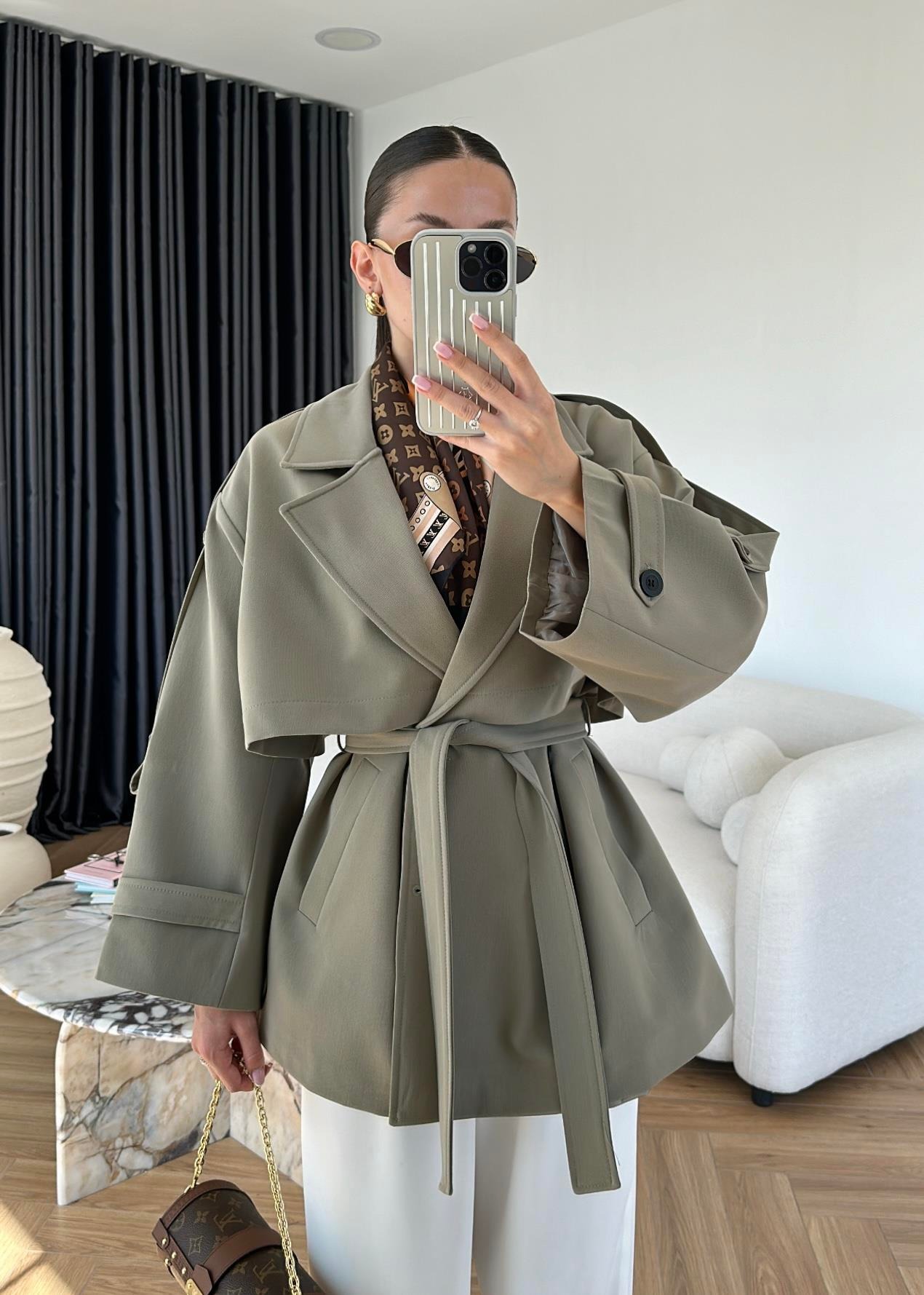 Rüzgarlıklı Ara Boy Trençkot HAKİ