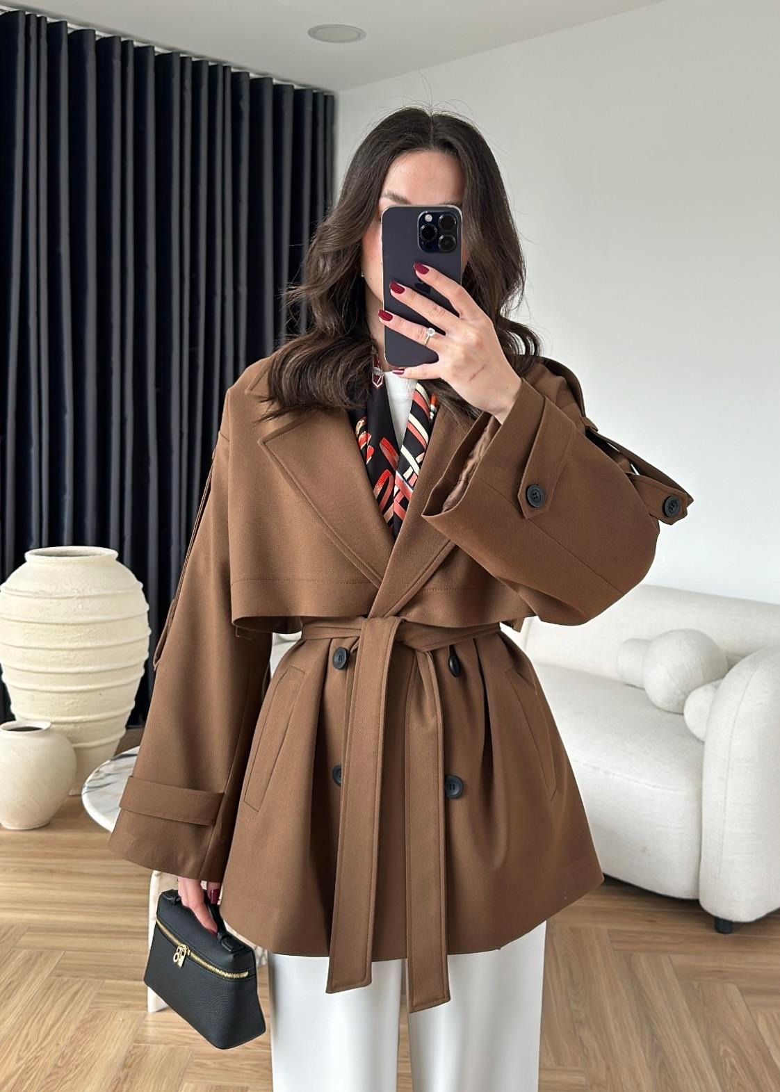 Rüzgarlıklı Ara Boy Trençkot AÇIK KAHVE