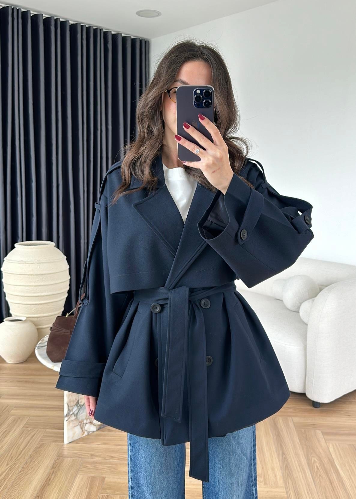 Rüzgarlıklı Ara Boy Trençkot KOYU LACİVERT