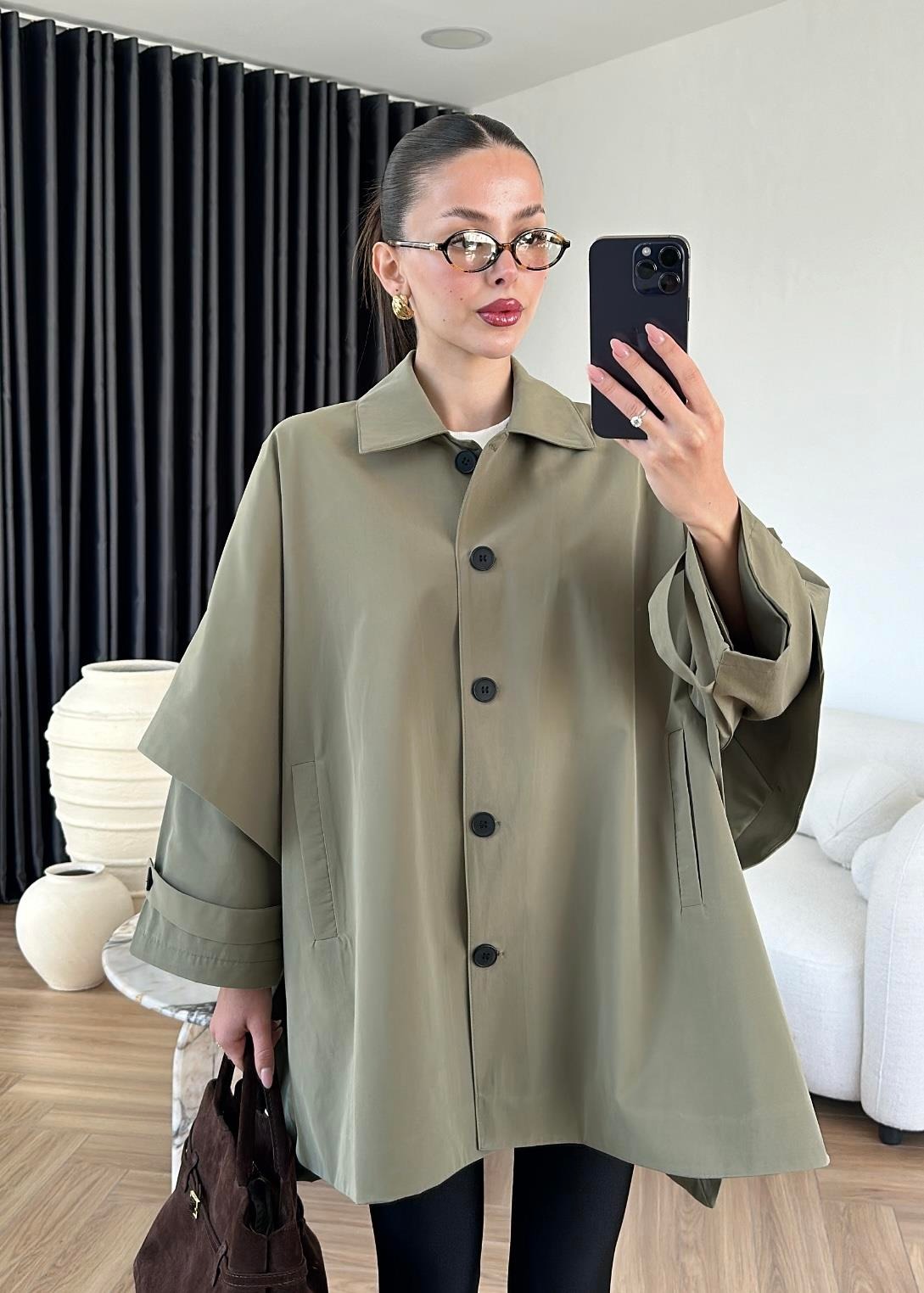 Uzun Kollu Pelerin Trençkot HAKİ