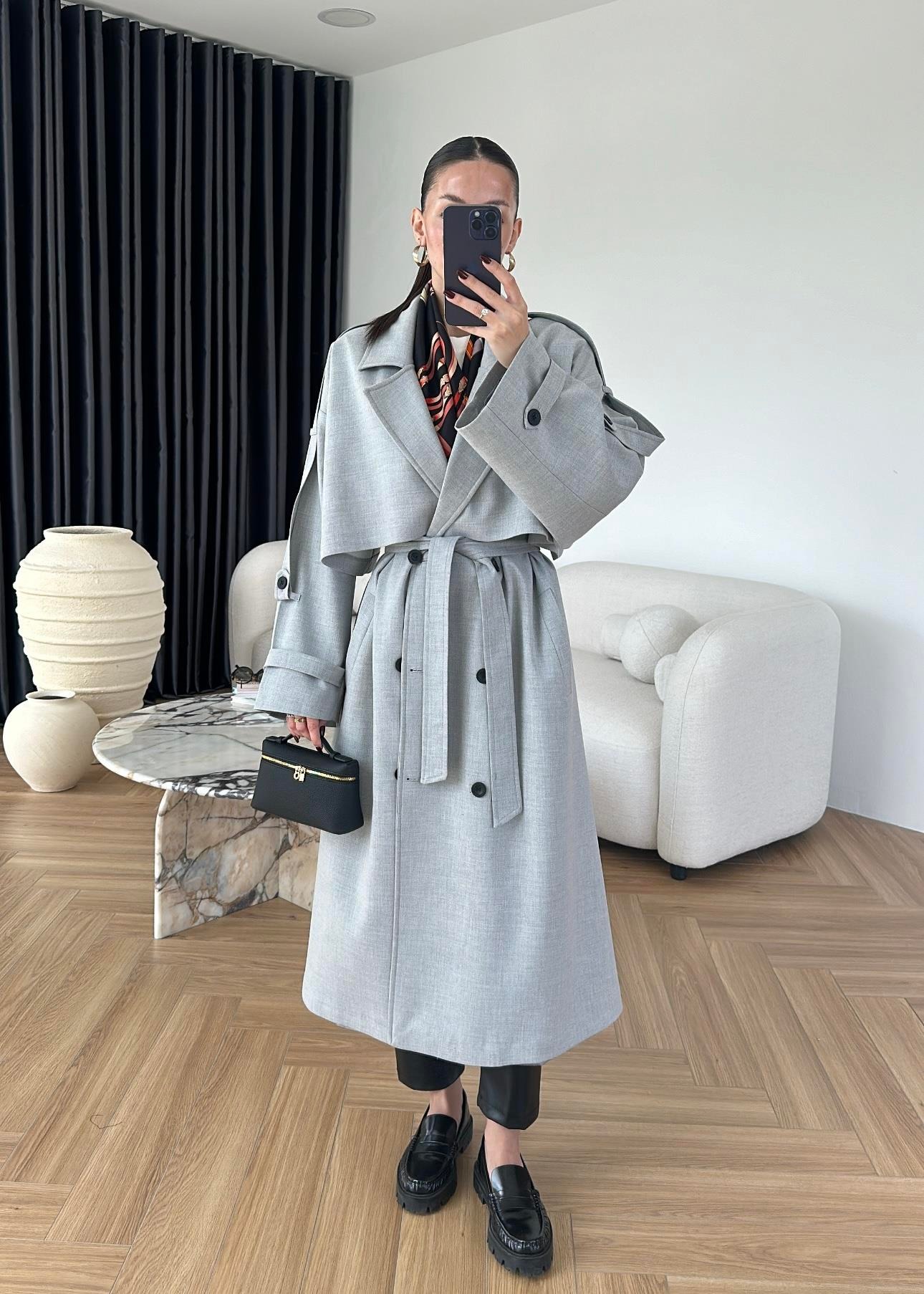 Omuzu Uzun Apoletli Trençkot AÇIK GRİ