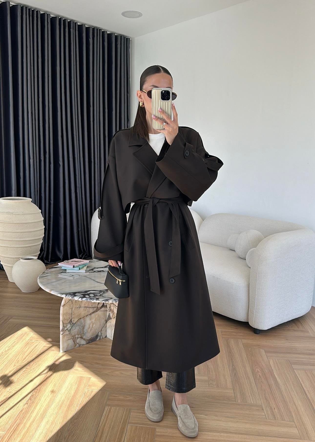 Omuzu Uzun Apoletli Trençkot ACI KAHVE